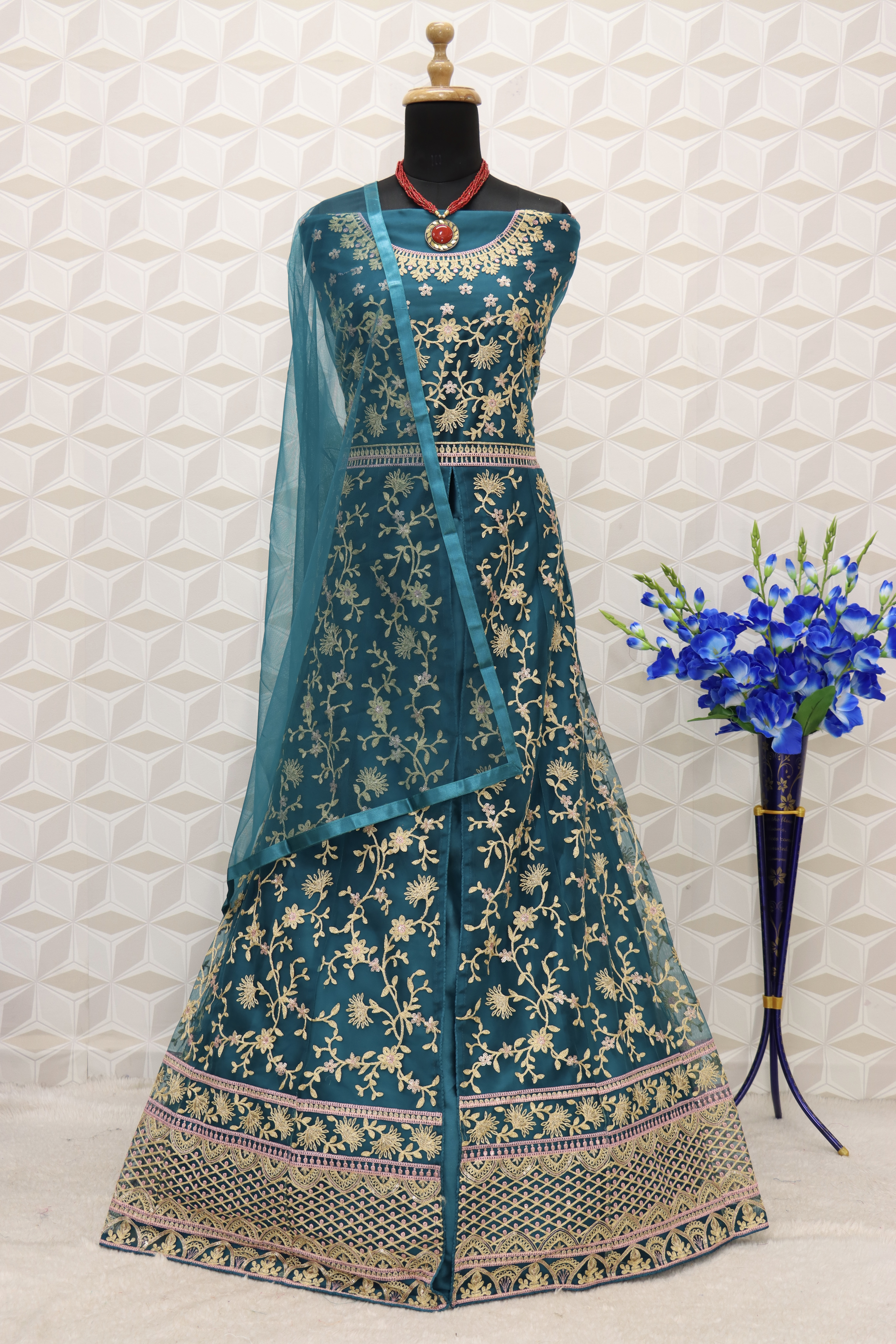 Teal Blue and Gold Embroidered Anarkali